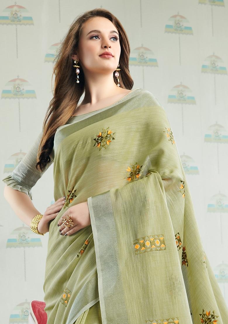 Green Embroidered Cotton Saree Set - Indya