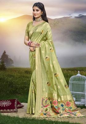 Green Embroidered Silk Saree Set