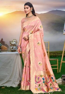 Pink Embroidered Silk Saree Set