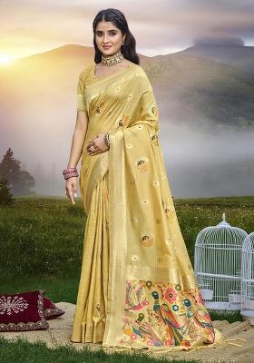 Yellow Embroidered Silk Saree Set