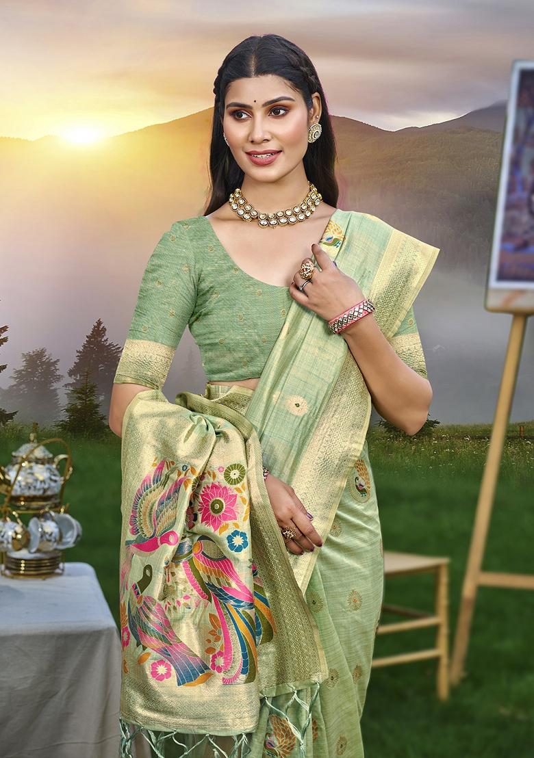 Green Embroidered Silk Saree Set