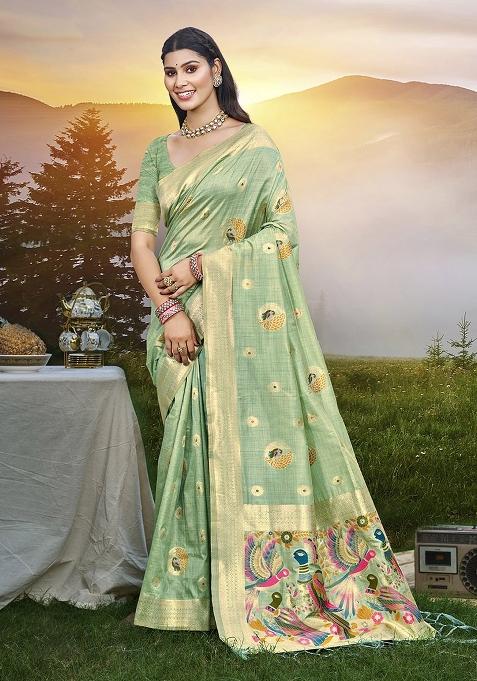 Green Embroidered Silk Saree Set