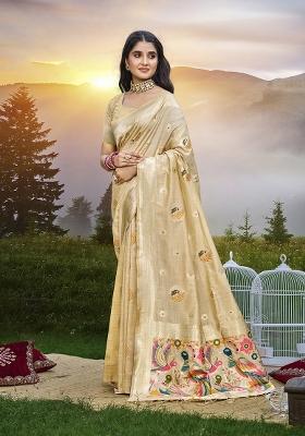 Beige Embroidered Silk Saree Set