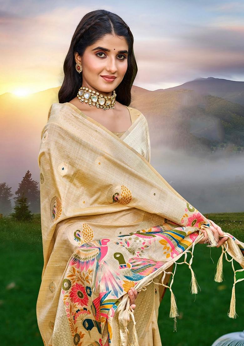 Beige Embroidered Silk Saree Set - Indya