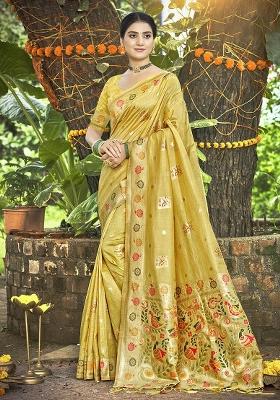 Yellow Embroidered Silk Saree Set