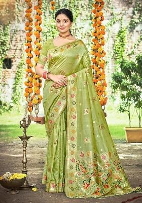 Green Embroidered Silk Saree Set