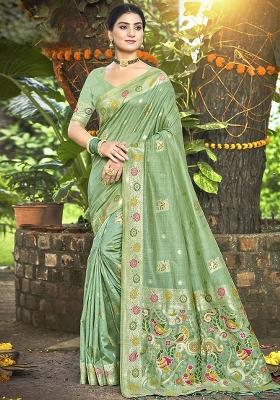 Green Embroidered Silk Saree Set