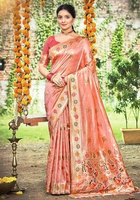 Peach Embroidered Silk Saree Set
