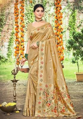 Beige Embroidered Silk Saree Set