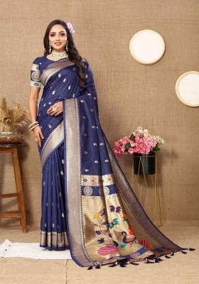 Blue Embroidered Silk Saree Set
