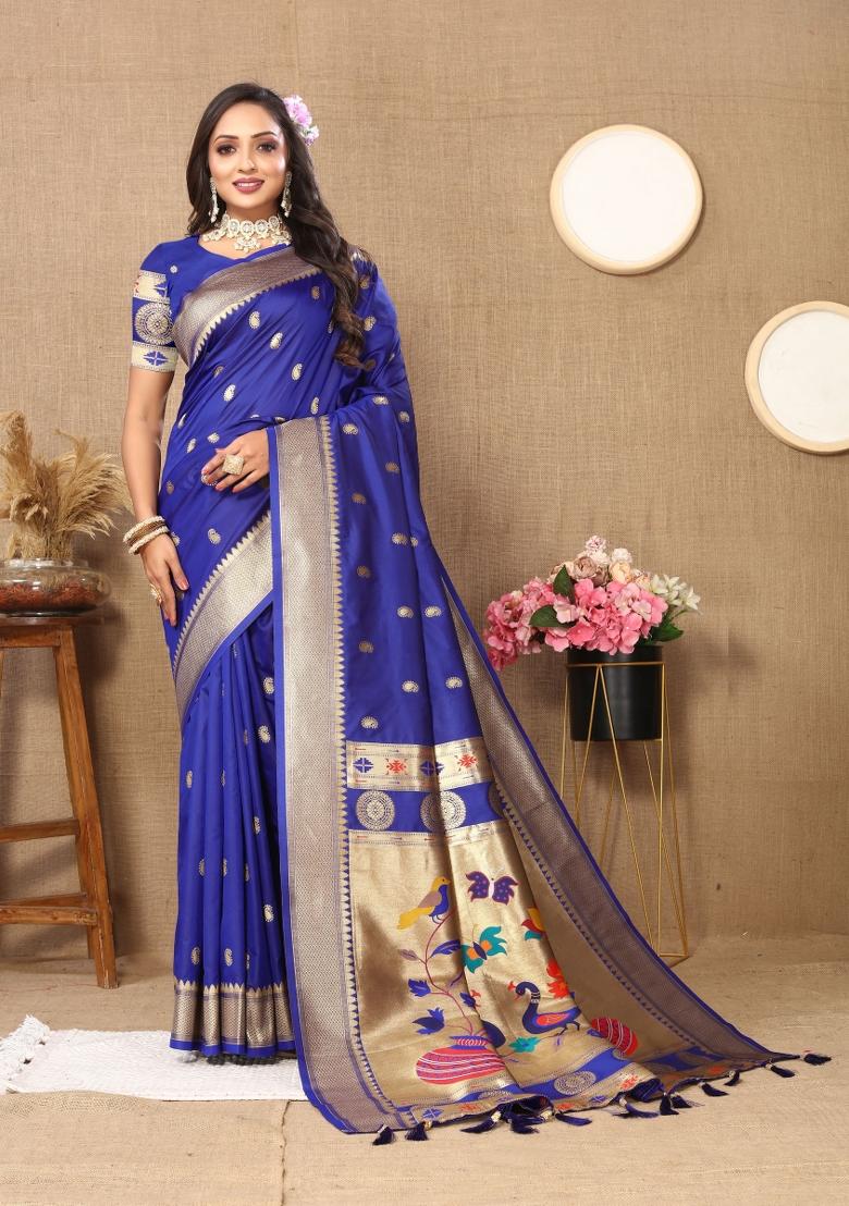 Blue Embroidered Silk Saree Set - Indya