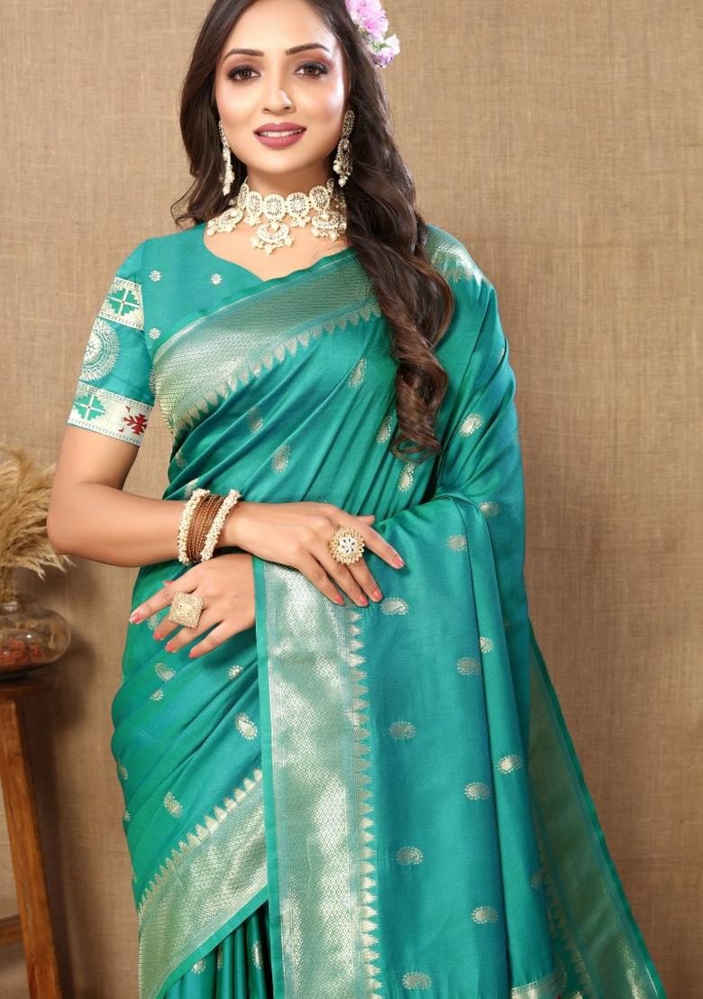 Green Embroidered Silk Saree Set - Indya