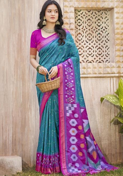 Blue Embroidered Silk Saree Set