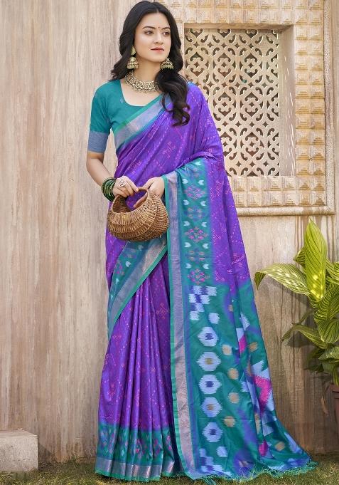 Purple Embroidered Silk Saree Set — view on Indya