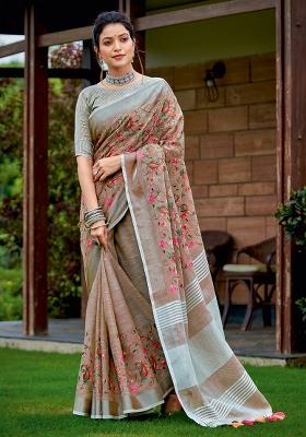 Brown Embroidered Cotton Saree Set