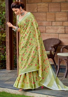 Green Embroidered Cotton Saree Set