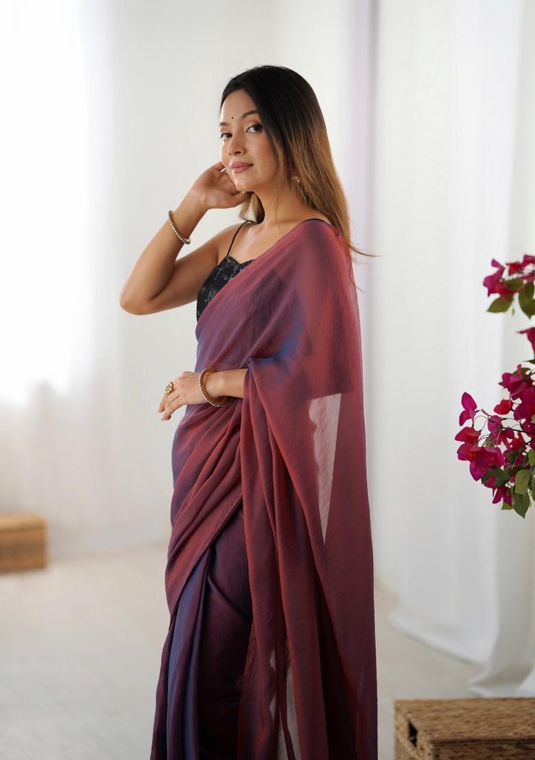Brown Plain Chiffon Saree Set - Indya