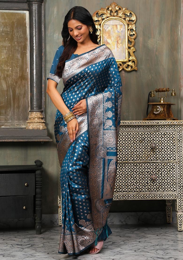 Blue Embroidered Silk Saree Set - Indya