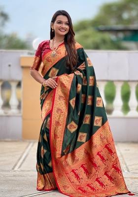 Green Embroidered Silk Saree Set