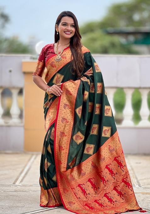 Green Embroidered Silk Saree Set