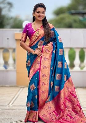 Blue Embroidered Silk Saree Set