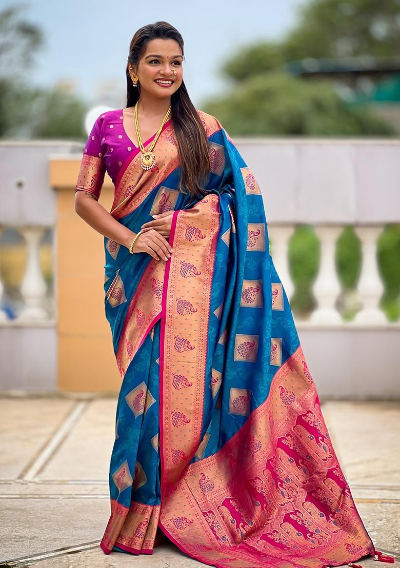 Blue Embroidered Silk Saree Set - Indya