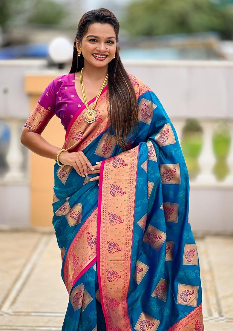 Blue Embroidered Silk Saree Set - Indya