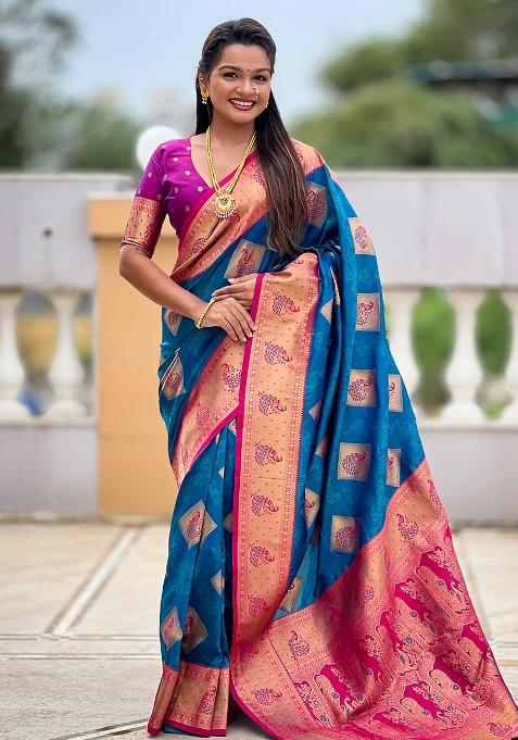 Blue Embroidered Silk Saree Set