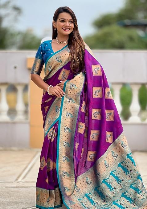 Purple Embroidered Silk Saree Set