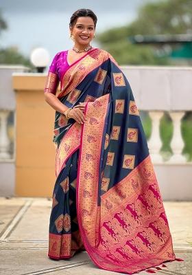 Blue Embroidered Silk Saree Set