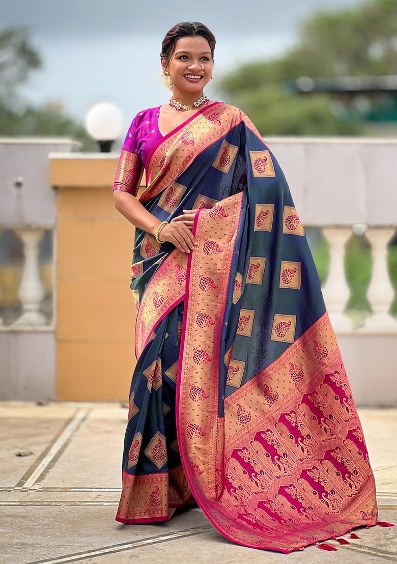 Blue Embroidered Silk Saree Set - Indya