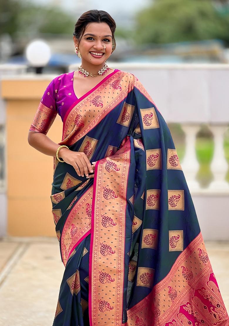 Blue Embroidered Silk Saree Set - Indya