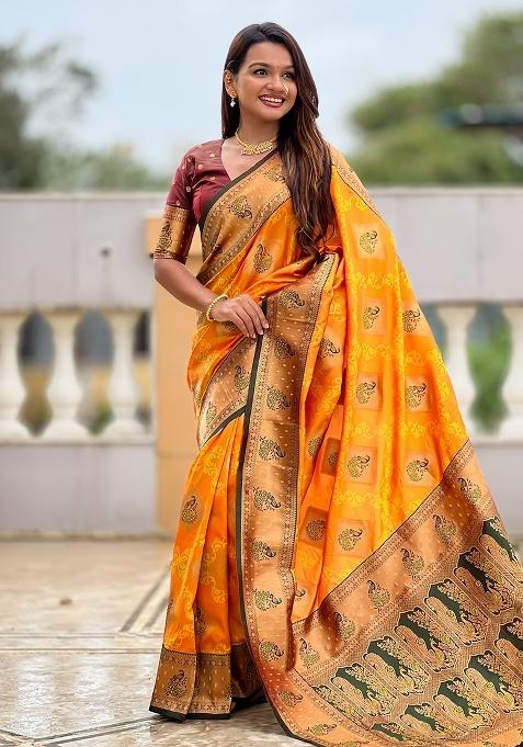 Yellow Embroidered Silk Saree Set