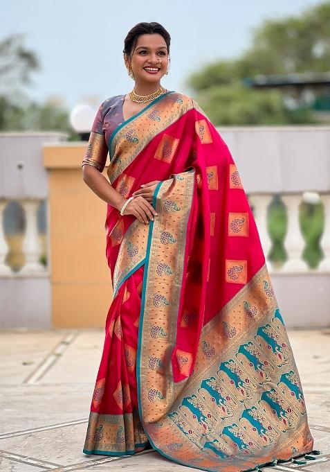 Pink Embroidered Silk Saree Set