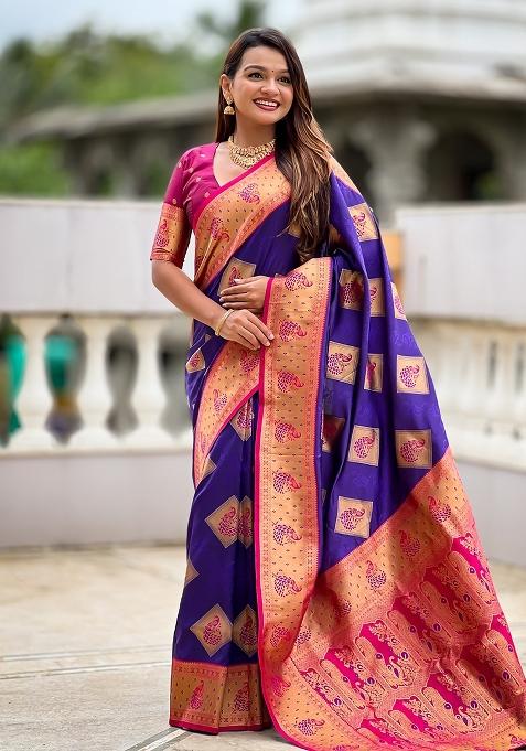 Purple Embroidered Silk Saree Set — view on Indya