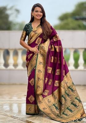 Wine Embroidered Silk Saree Set
