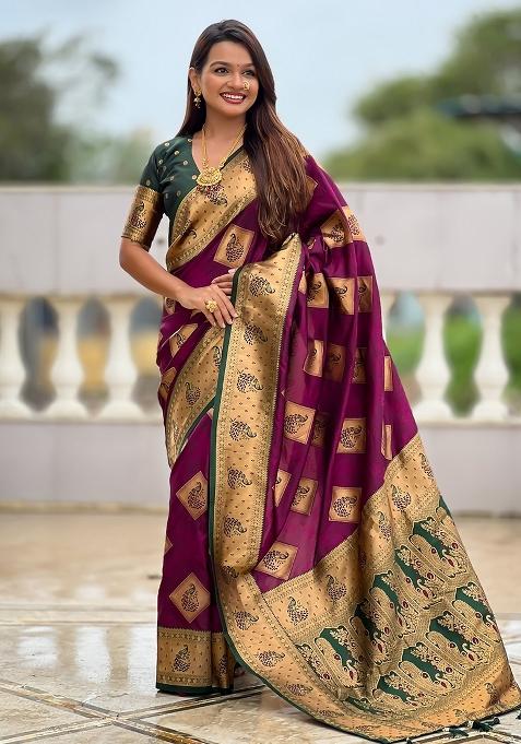 Wine Embroidered Silk Saree Set — view on Indya