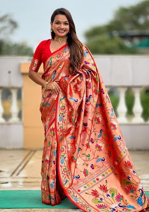 Red Embroidered Silk Saree Set
