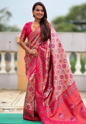 Pink Embroidered Silk Saree Set