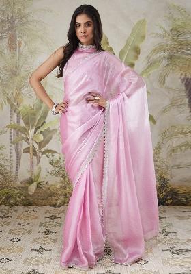 Pink Embroidered Silk Saree Set