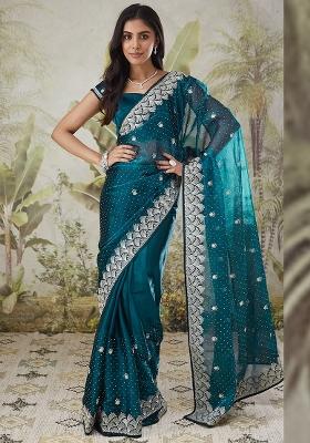 Green Embroidered Silk Saree Set