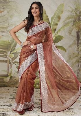 Brown Embroidered Silk Saree Set