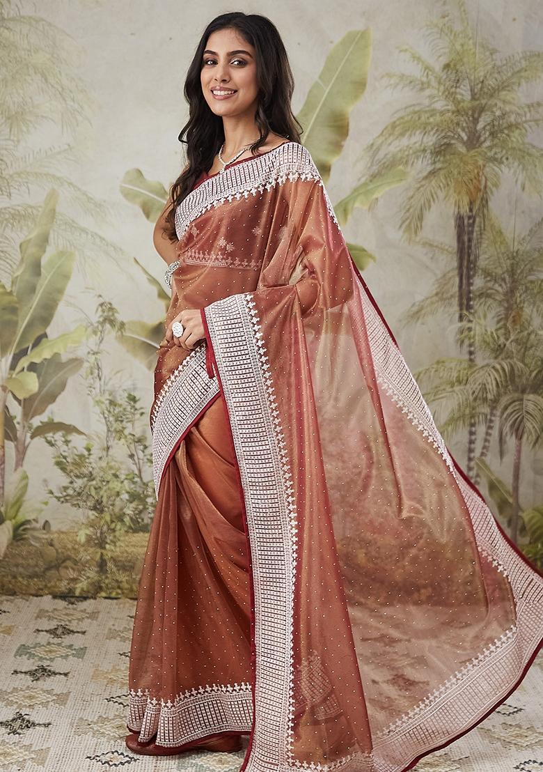 Brown Embroidered Silk Saree Set - Indya