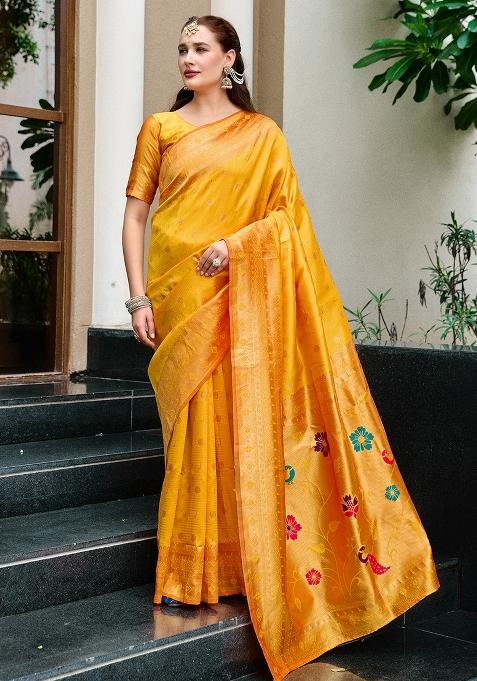 Orange Embroidered Silk Saree Set