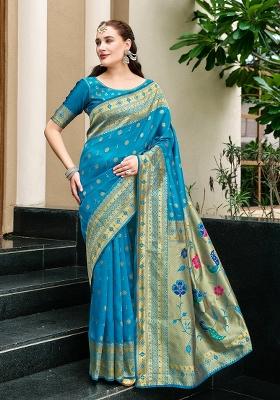 Blue Embroidered Silk Saree Set
