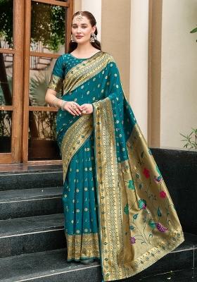 Blue Embroidered Silk Saree Set