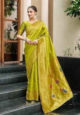 Green Embroidered Silk Saree Set