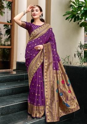 Purple Embroidered Silk Saree Set