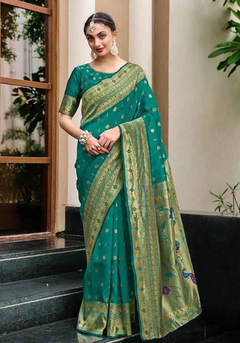 Green Embroidered Silk Saree Set