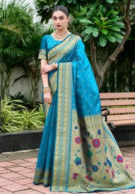 Blue Embroidered Silk Saree Set